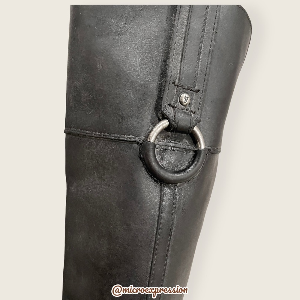 $389 Frye Jamie Ring Tall Distressed Stone Black Leather Knee High Zip Up Boot - Picture 10 of 14